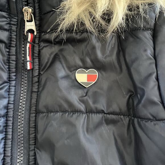 Tommy Hilfiger Unisex Kids Puffer Coat Jacket Hood Faux Fur Heart Logo 6X Blue - Picture 4 of 11